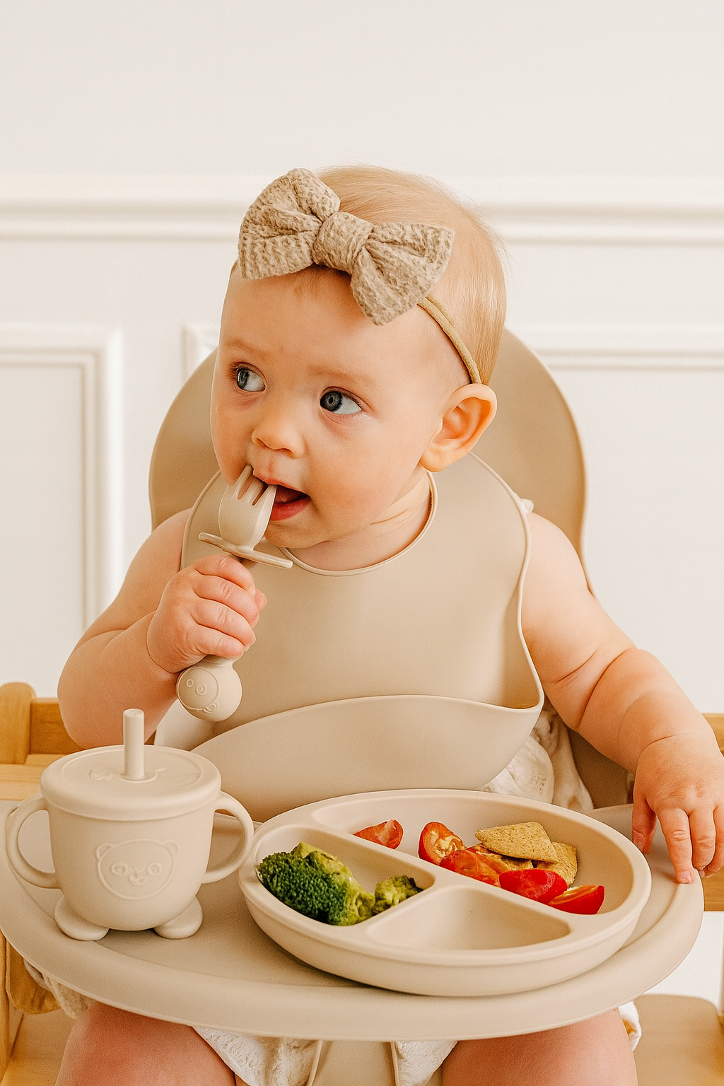 Kit 11 Peças e Talheres De Silicone Para Bebês e Crianças Colher Placa Silenciador Babadores