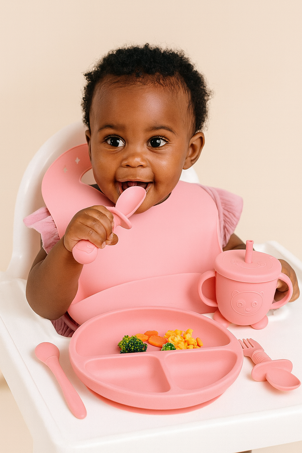 Kit 11 Peças e Talheres De Silicone Para Bebês e Crianças Colher Placa Silenciador Babadores