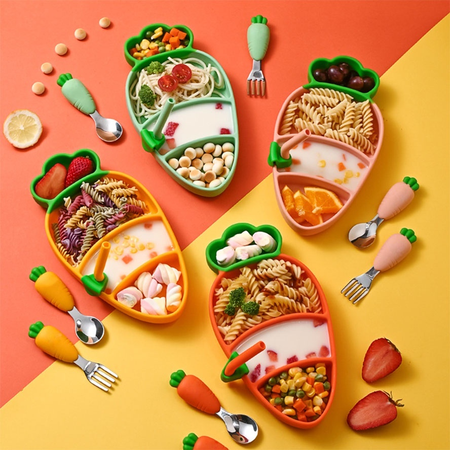 Kit 6 Peças de Talheres de Silicone formato de Cenoura para Bebês e Crianças