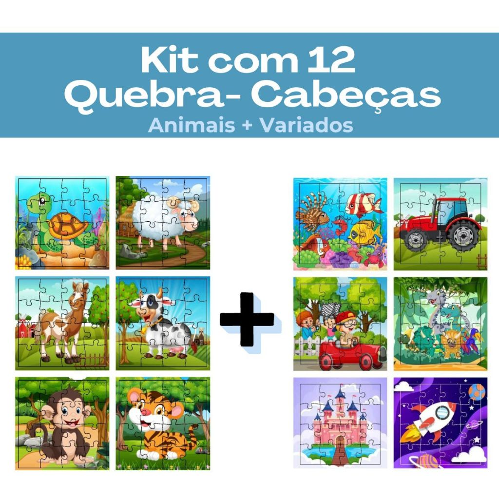 Kit 12 Jogos Quebra Cabeça Infantil em Madeira Mdf 16 peças cada (12 unidades)