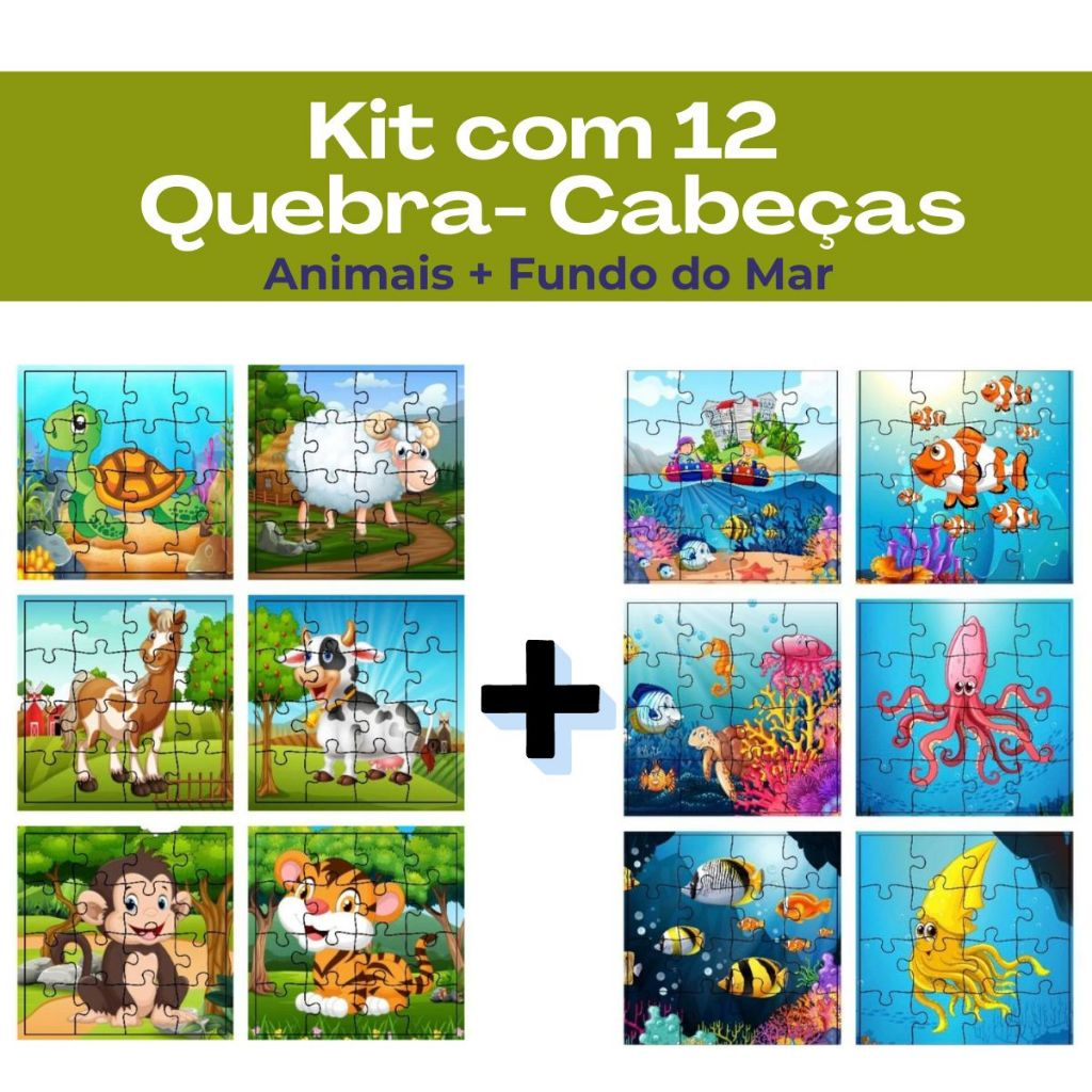 Kit 12 Jogos Quebra Cabeça Infantil em Madeira Mdf 16 peças cada (12 unidades)