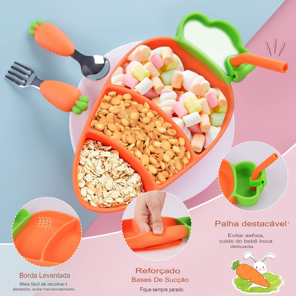 Kit 6 Peças de Talheres de Silicone formato de Cenoura para Bebês e Crianças