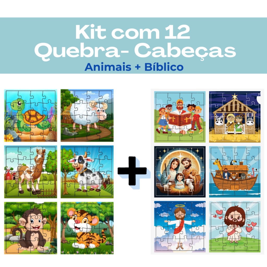 Kit 12 Jogos Quebra Cabeça Infantil em Madeira Mdf 16 peças cada (12 unidades)