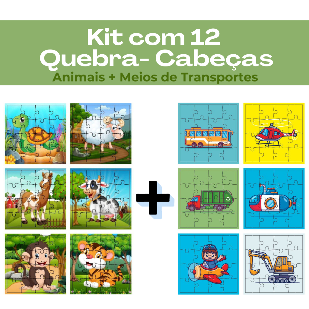 Kit 12 Jogos Quebra Cabeça Infantil em Madeira Mdf 16 peças cada (12 unidades)