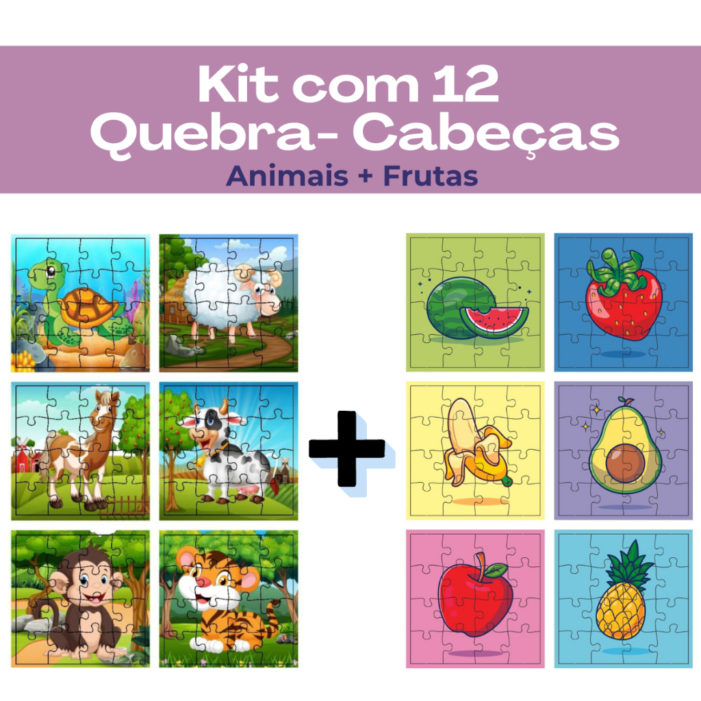 Kit 12 Jogos Quebra Cabeça Infantil em Madeira Mdf 16 peças cada (12 unidades)