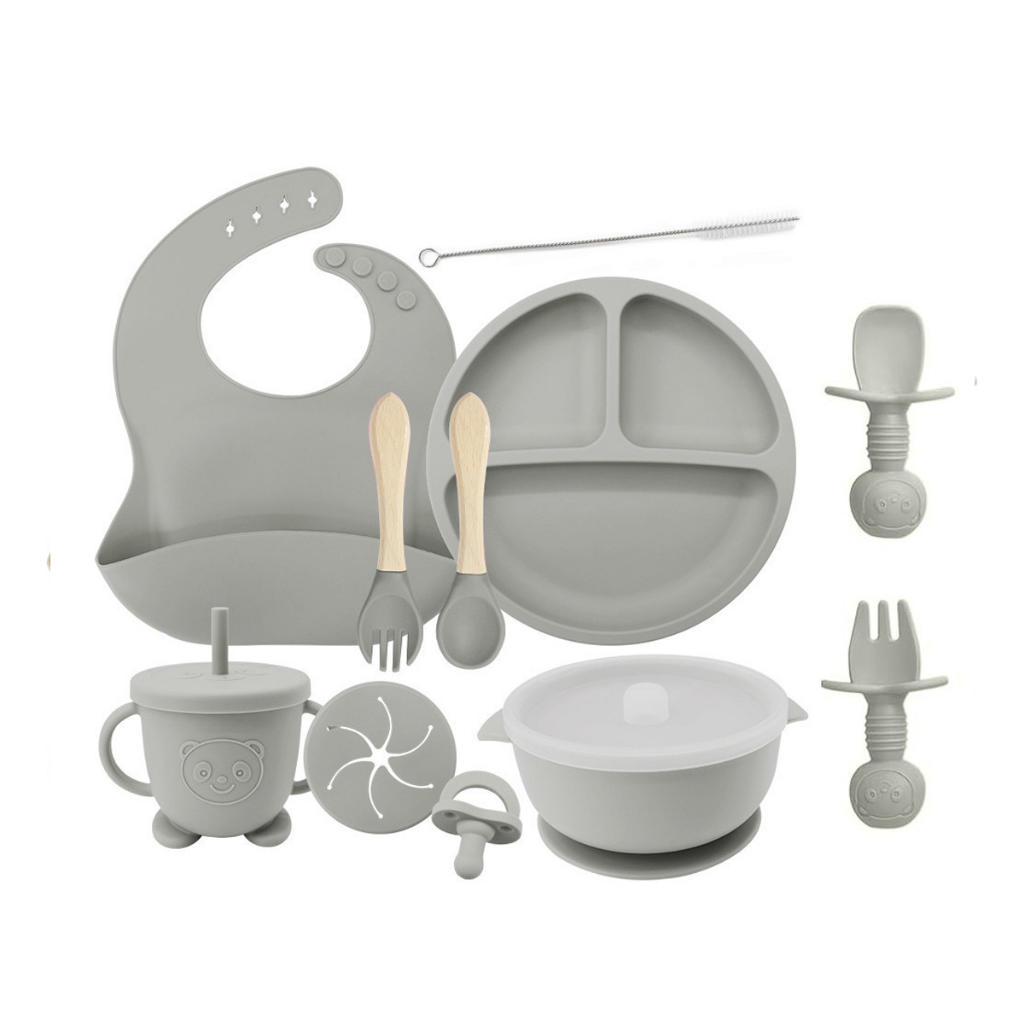 Kit 11 Peças e Talheres De Silicone Para Bebês e Crianças Colher Placa Silenciador Babadores