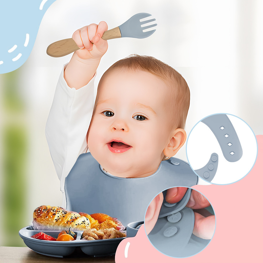 Kit 11 Peças e Talheres De Silicone Para Bebês e Crianças Colher Placa Silenciador Babadores