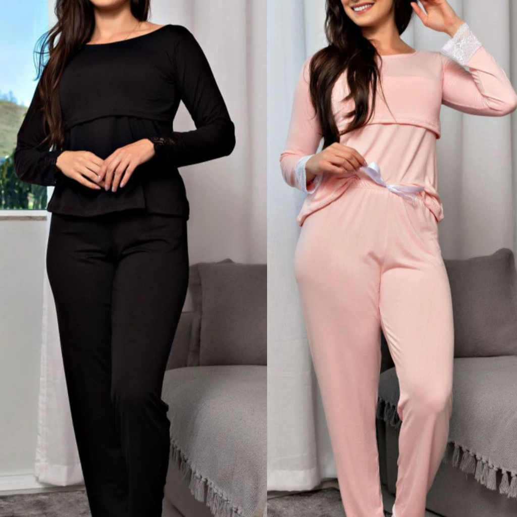 Kit 2 Pijamas De Amamentação Para Gestantes Pós Parto