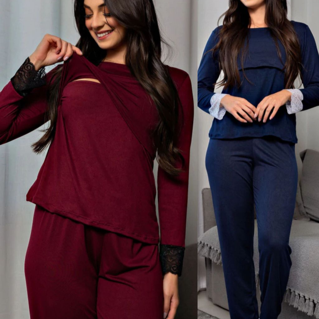 Kit 2 Pijamas De Amamentação Para Gestantes Pós Parto