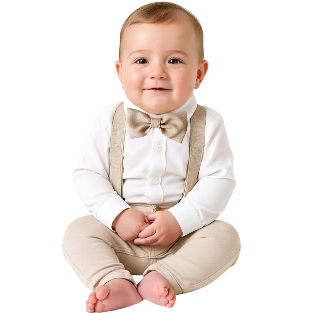 Conjunto Meu Batizado Roupa Social Bebê Menino Infantil Calça Bege e Manga Longa Casamento Pajem Festa