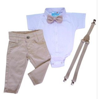 Conjunto Meu Batizado Roupa Social Bebê Menino Infantil Calça Bege e Manga Longa Casamento Pajem Festa
