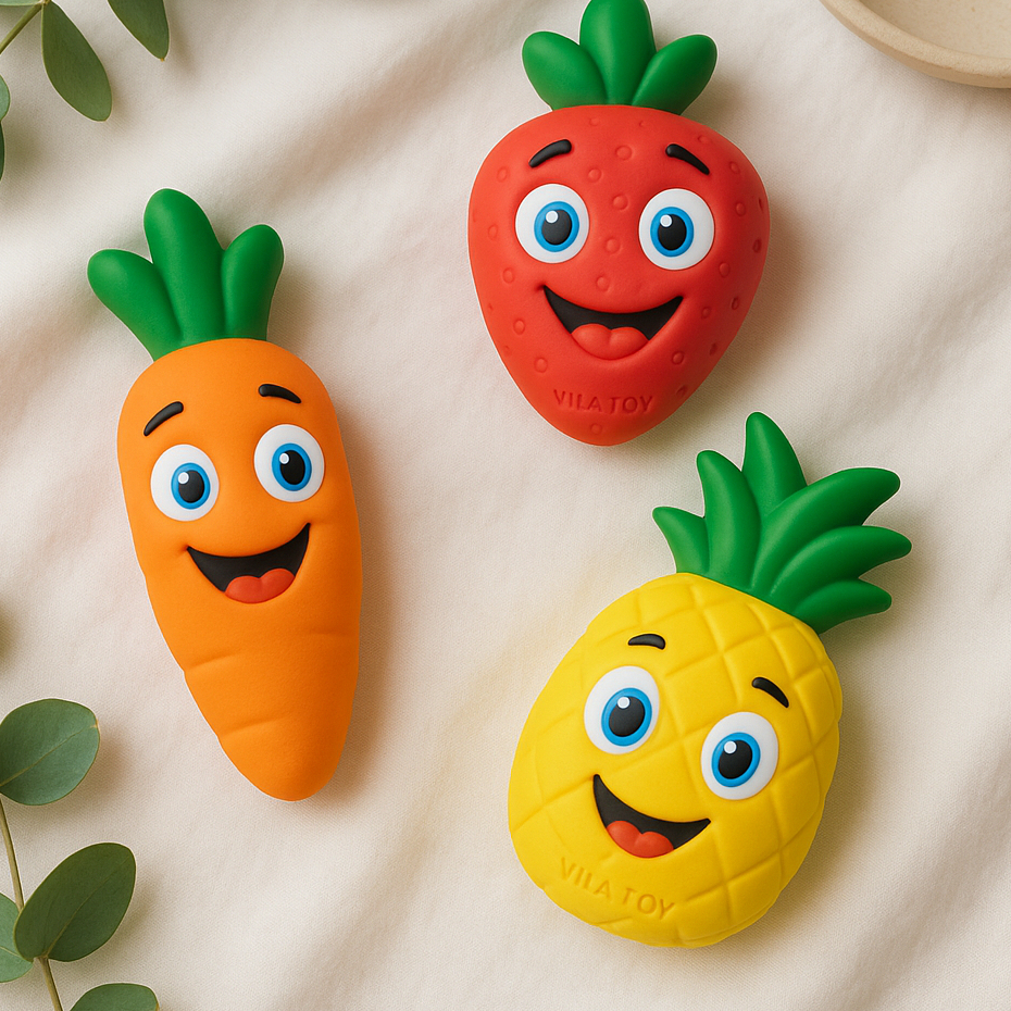 Kit Chocalho Mordedor Bebê Frutas e Vegetais Vila Toy – Alívio da Dentição | Barulho Suave | Macio e Atóxico