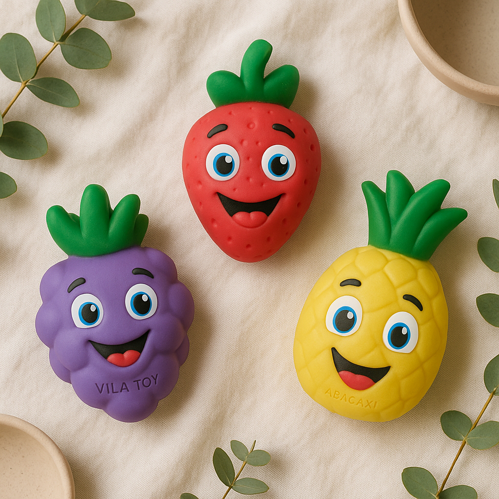 Kit Chocalho Mordedor Bebê Frutas e Vegetais Vila Toy – Alívio da Dentição | Barulho Suave | Macio e Atóxico