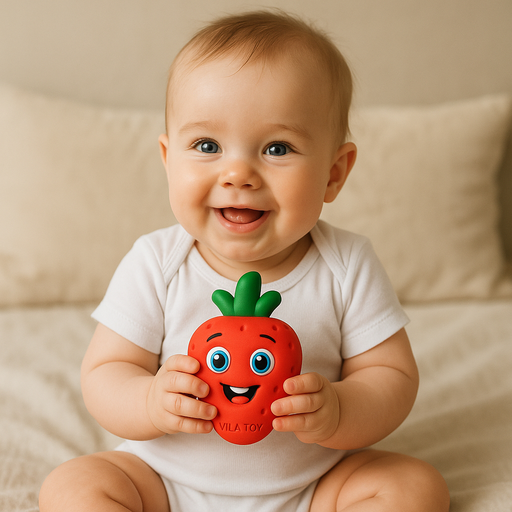 Kit Chocalho Mordedor Bebê Frutas e Vegetais Vila Toy – Alívio da Dentição | Barulho Suave | Macio e Atóxico