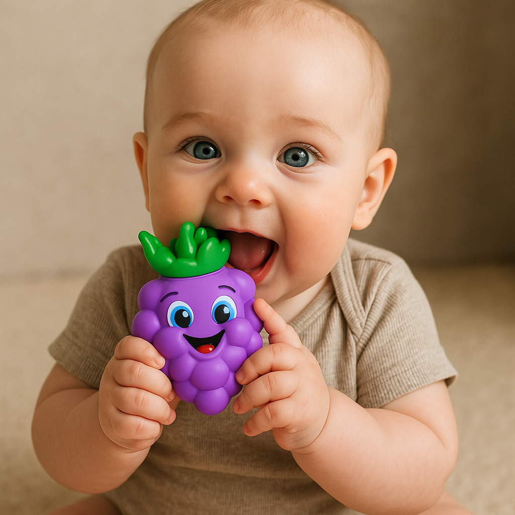 Kit Chocalho Mordedor Bebê Frutas e Vegetais Vila Toy – Alívio da Dentição | Barulho Suave | Macio e Atóxico