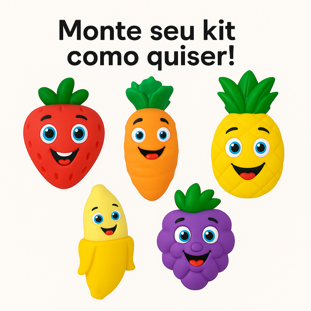 Kit Chocalho Mordedor Bebê Frutas e Vegetais Vila Toy – Alívio da Dentição | Barulho Suave | Macio e Atóxico