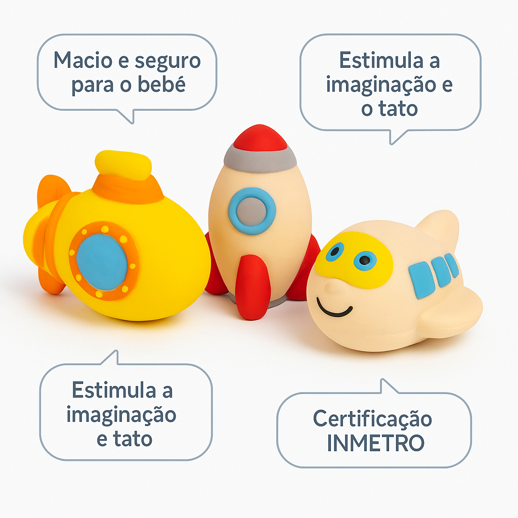 Mordedores Bebê Kit Foguete Avião Submarino – Látex Natural Pintado à Mão | Macio, Seguro e Aprovado INMETRO