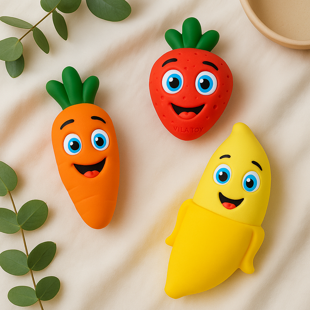 Kit Chocalho Mordedor Bebê Frutas e Vegetais Vila Toy – Alívio da Dentição | Barulho Suave | Macio e Atóxico