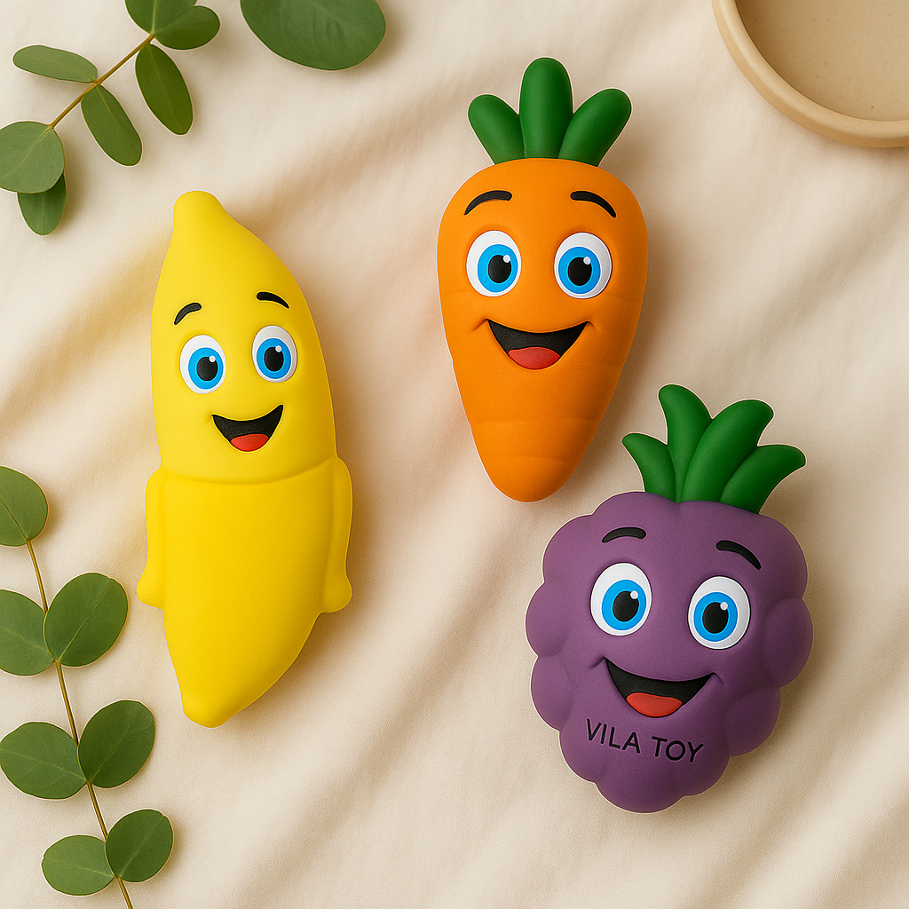 Kit Chocalho Mordedor Bebê Frutas e Vegetais Vila Toy – Alívio da Dentição | Barulho Suave | Macio e Atóxico