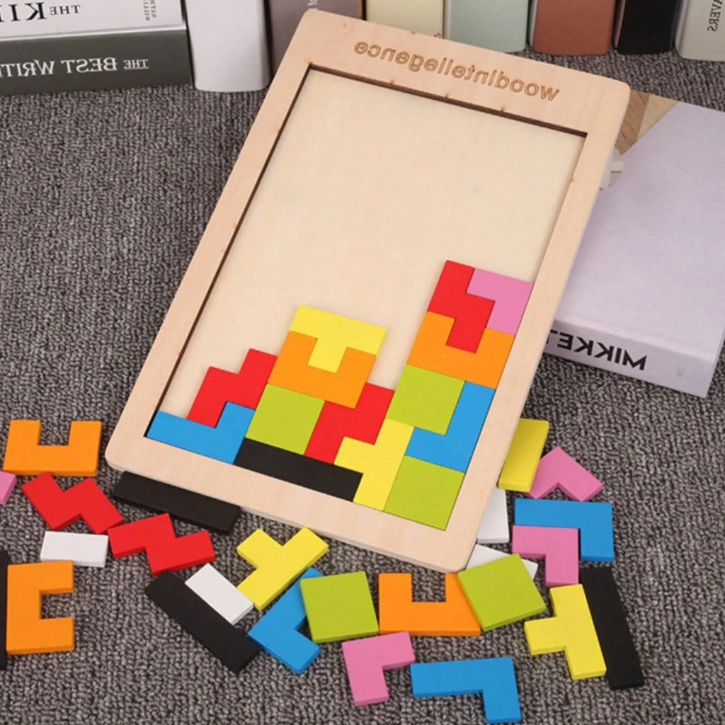 Tetris Quebra-Cabeça 3D Colorido Tangram De Madeira /jogos infantis educativos /Brinquedo Educativo