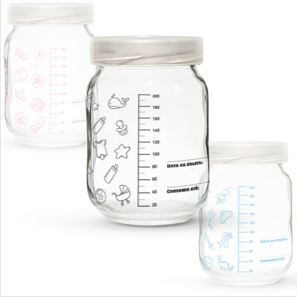 Kit 6 Frascos de Vidro para Leite Materno 200ml com Graduação