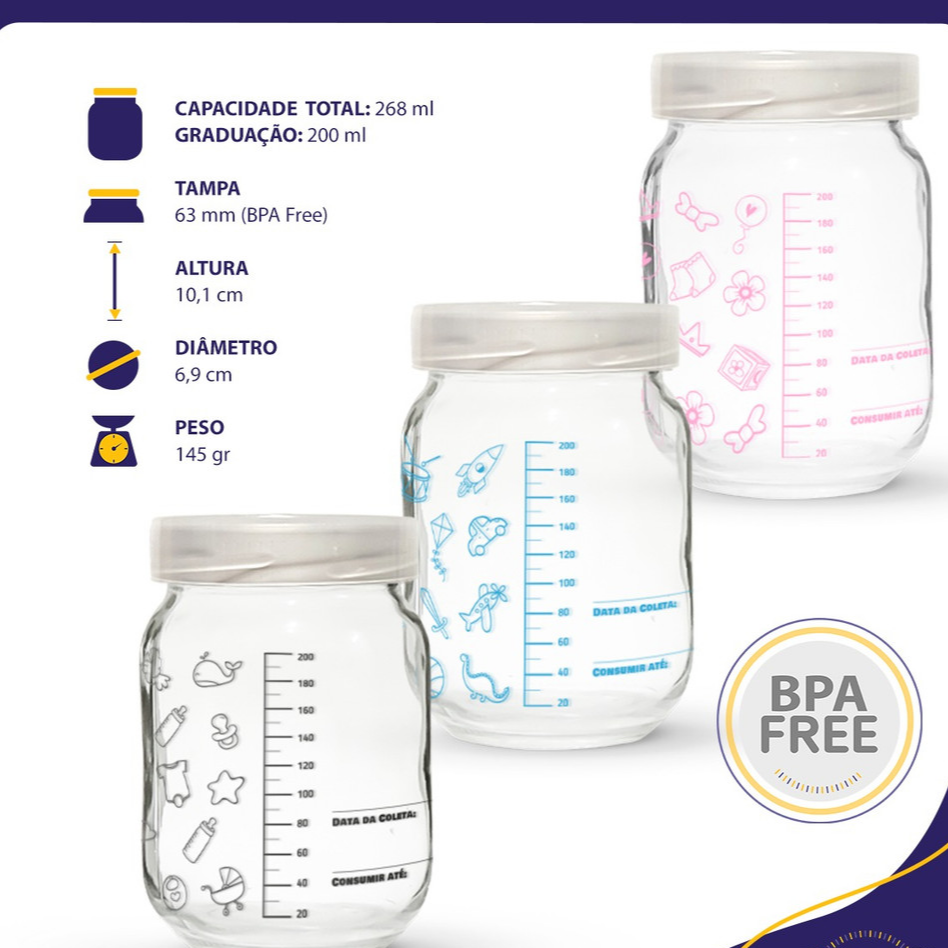 6 Frascos / Potes Vidro P/ Leite Materno - Graduação 200ml