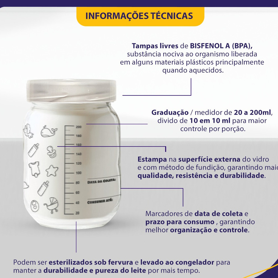 6 Frascos / Potes Vidro P/ Leite Materno - Graduação 200ml