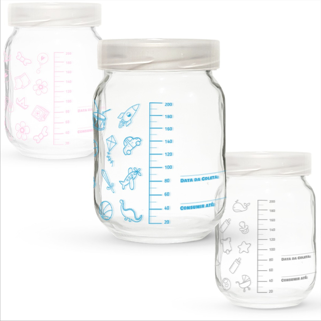Kit 6 Frascos de Vidro para Leite Materno 200ml com Graduação