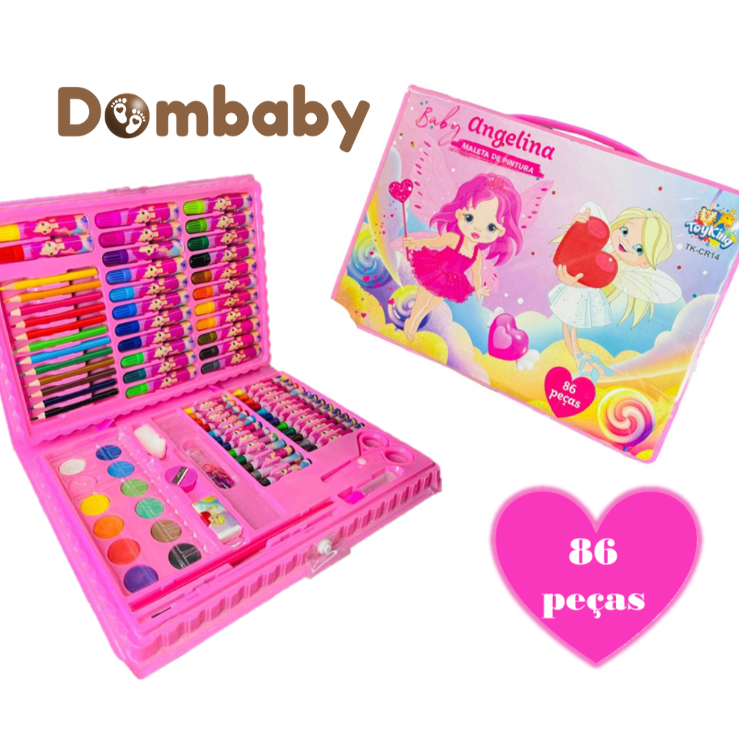 Maleta Estojo Escolar Infantil Completo 86 Peças – Kit Pintura Rosa Angelina