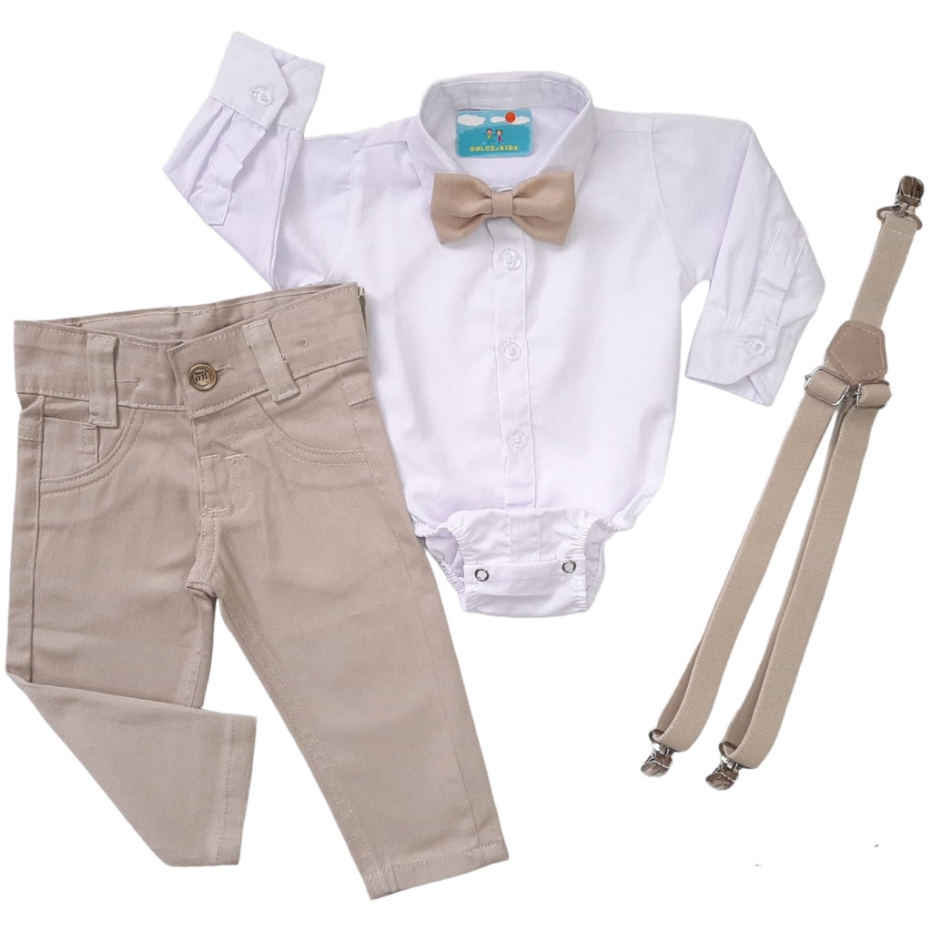 Conjunto Meu Batizado Roupa Social Bebê Menino Infantil Calça Bege e Manga Longa Casamento Pajem Festa