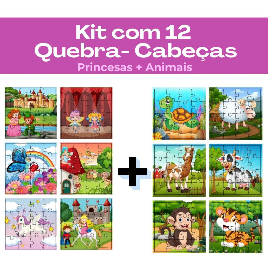 Kit 12 Jogos Quebra Cabeça Infantil em Madeira Mdf 16 peças cada (12 unidades)