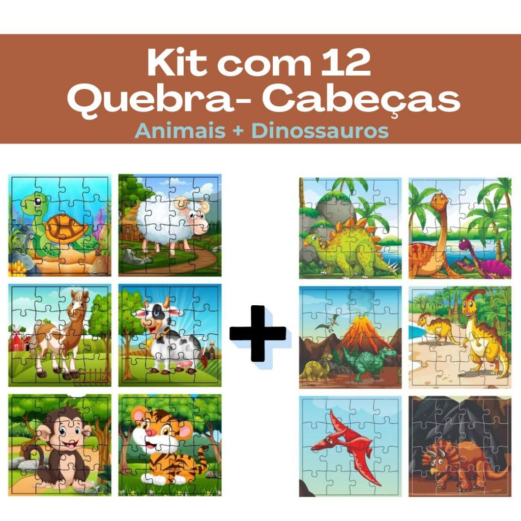 Kit 12 Jogos Quebra Cabeça Infantil em Madeira Mdf 16 peças cada (12 unidades)