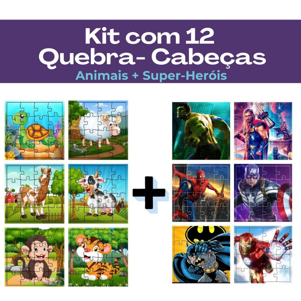 Kit 12 Jogos Quebra Cabeça Infantil em Madeira Mdf 16 peças cada (12 unidades)