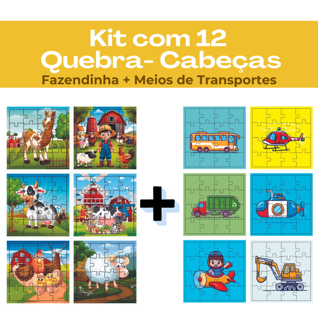 Kit 12 Jogos Quebra Cabeça Infantil em Madeira Mdf 16 peças cada (12 unidades)