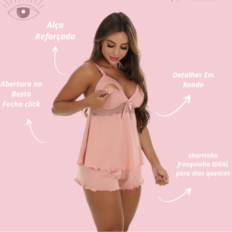 Kit com 3 Pijamas Baby Doll Amamentação Maternidade Fecho Click Pós Parto Grávida Gestante Mamãe