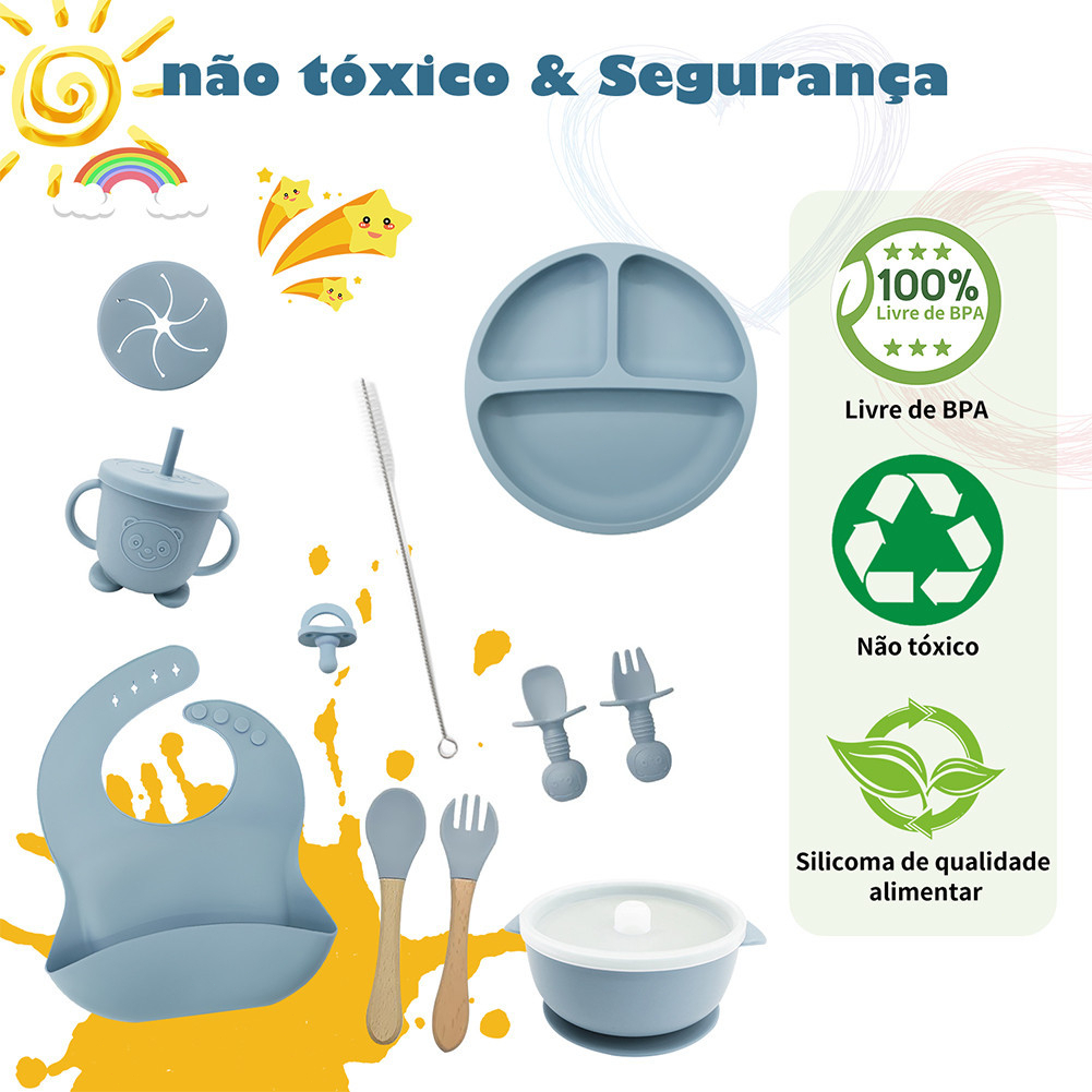Kit 11 Peças e Talheres De Silicone Para Bebês e Crianças Colher Placa Silenciador Babadores