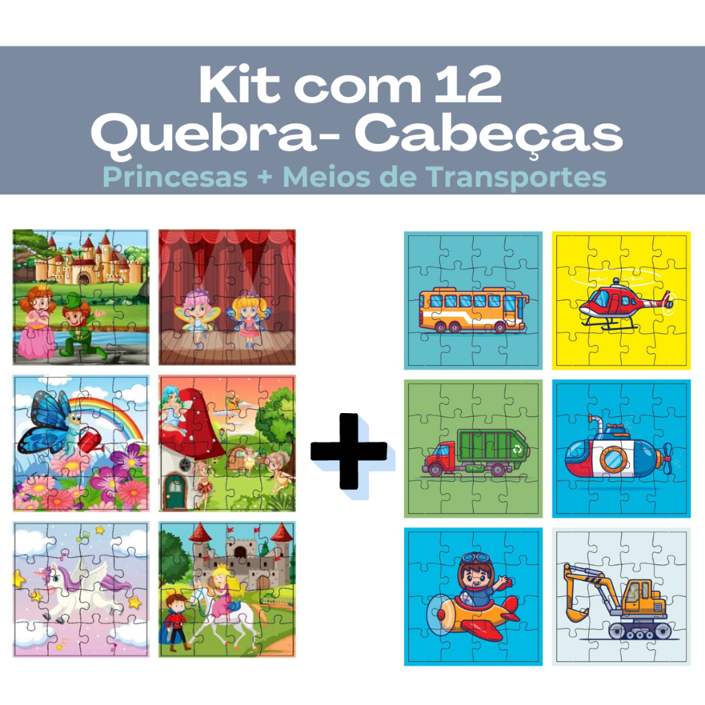 Kit 12 Jogos Quebra Cabeça Infantil em Madeira Mdf 16 peças cada (12 unidades)