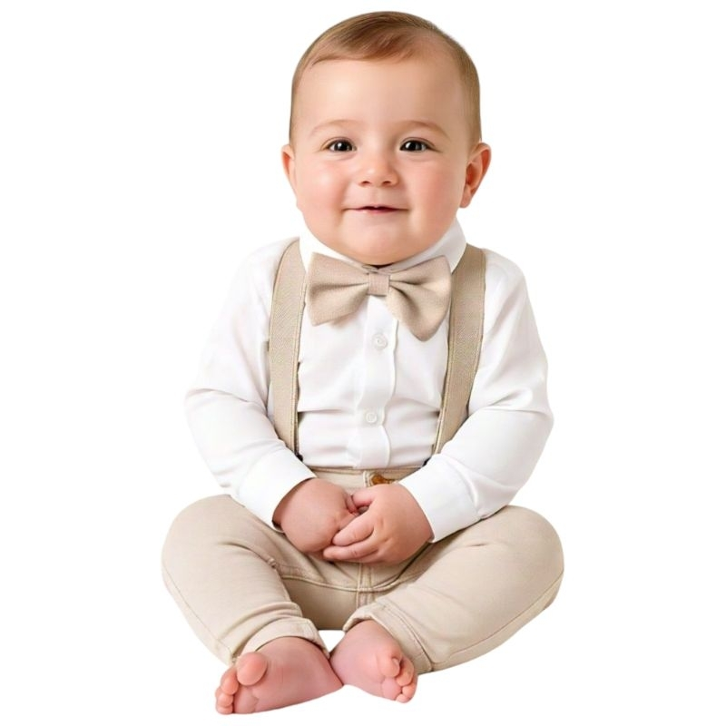 Conjunto Meu Batizado Roupa Social Bebê Menino Infantil Calça Bege e Manga Longa Casamento Pajem Festa