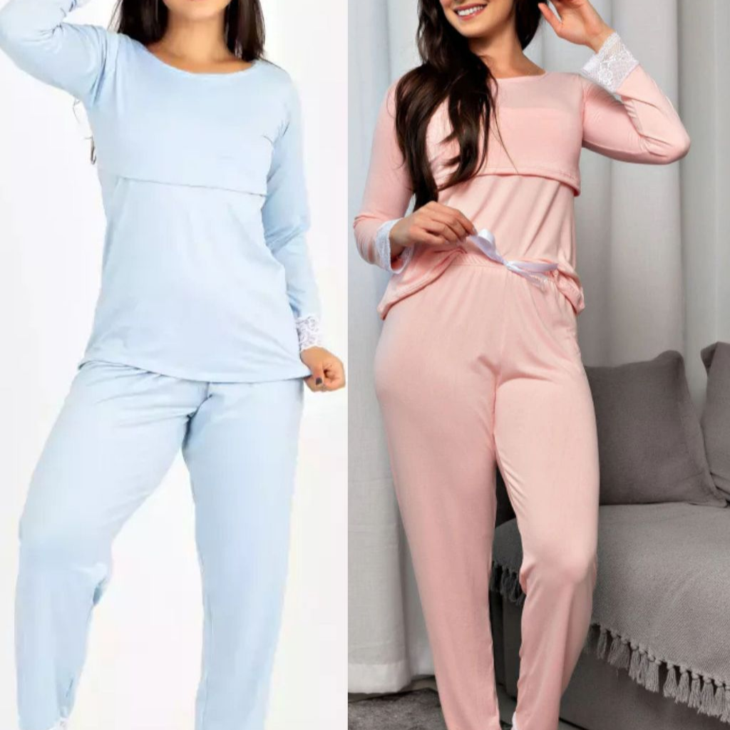 Kit 2 Pijamas De Amamentação Para Gestantes Pós Parto