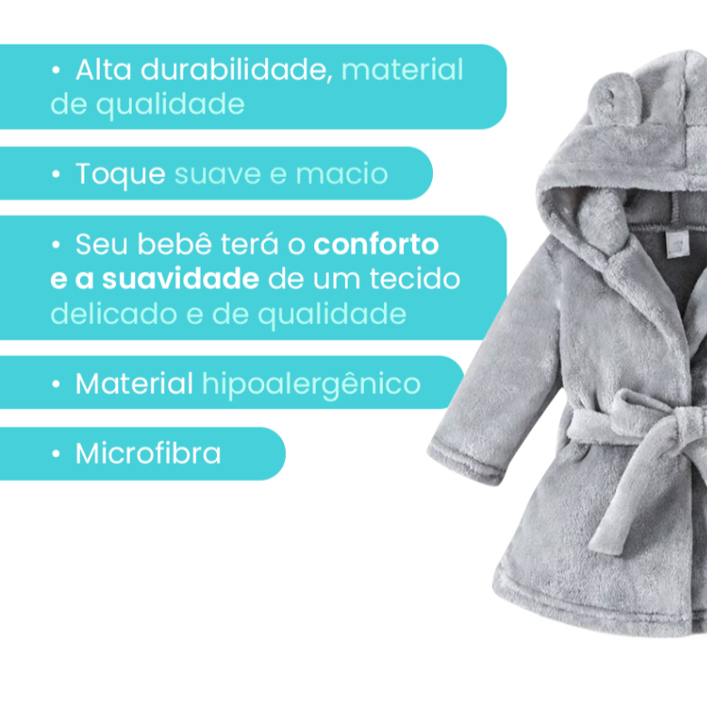 Roupão Infantil Quentinho Com Capuz e Cinto Tecido Plush Antialérgico