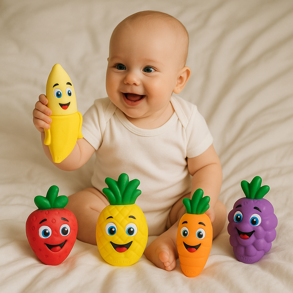 Kit Chocalho Mordedor Bebê Frutas e Vegetais Vila Toy – Alívio da Dentição | Barulho Suave | Macio e Atóxico