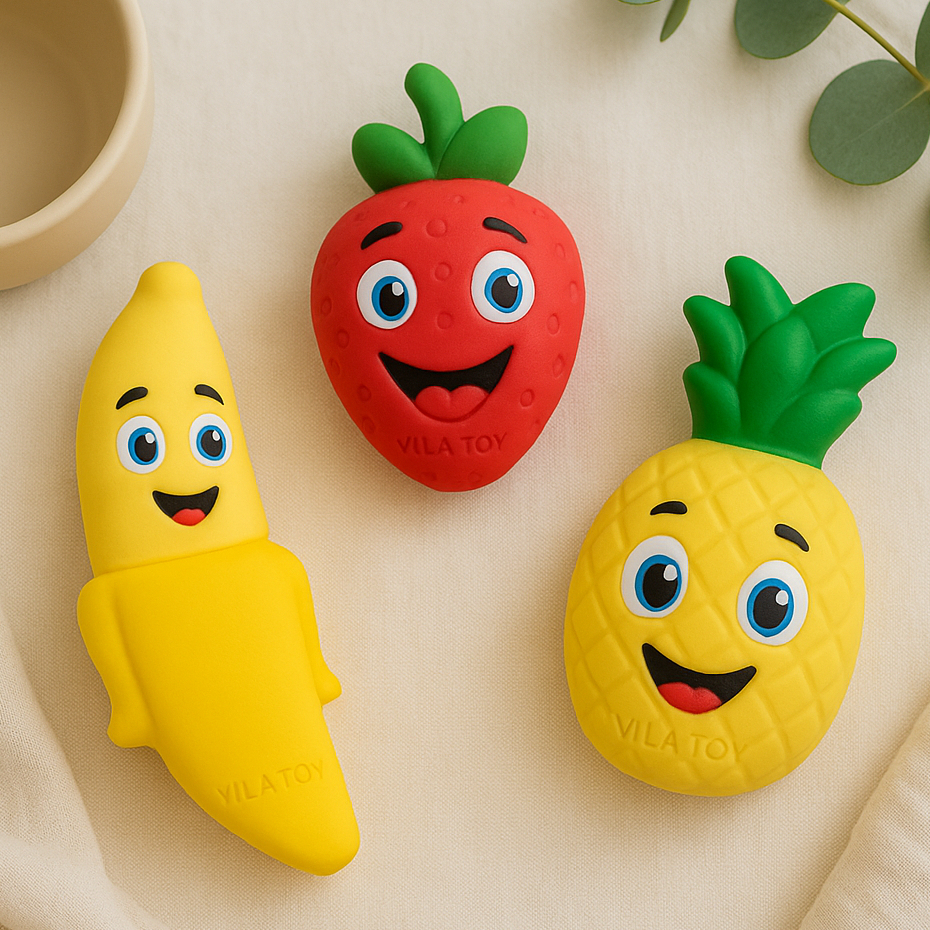 Kit Chocalho Mordedor Bebê Frutas e Vegetais Vila Toy – Alívio da Dentição | Barulho Suave | Macio e Atóxico