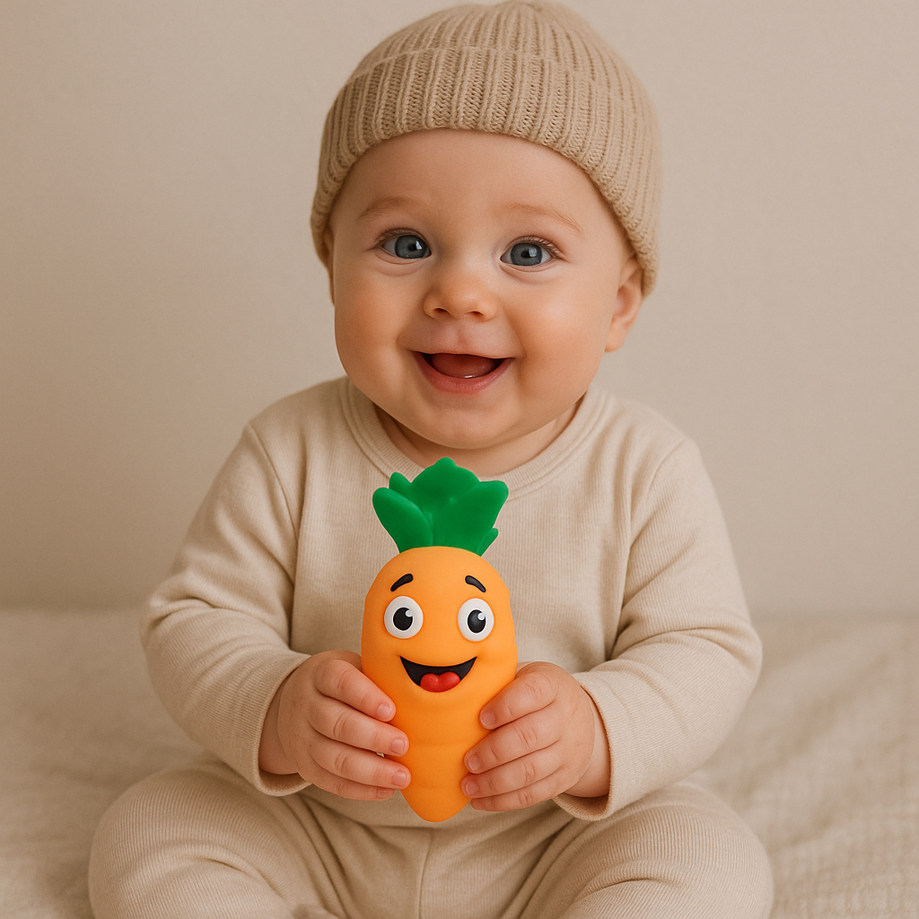 Kit Chocalho Mordedor Bebê Frutas e Vegetais Vila Toy – Alívio da Dentição | Barulho Suave | Macio e Atóxico