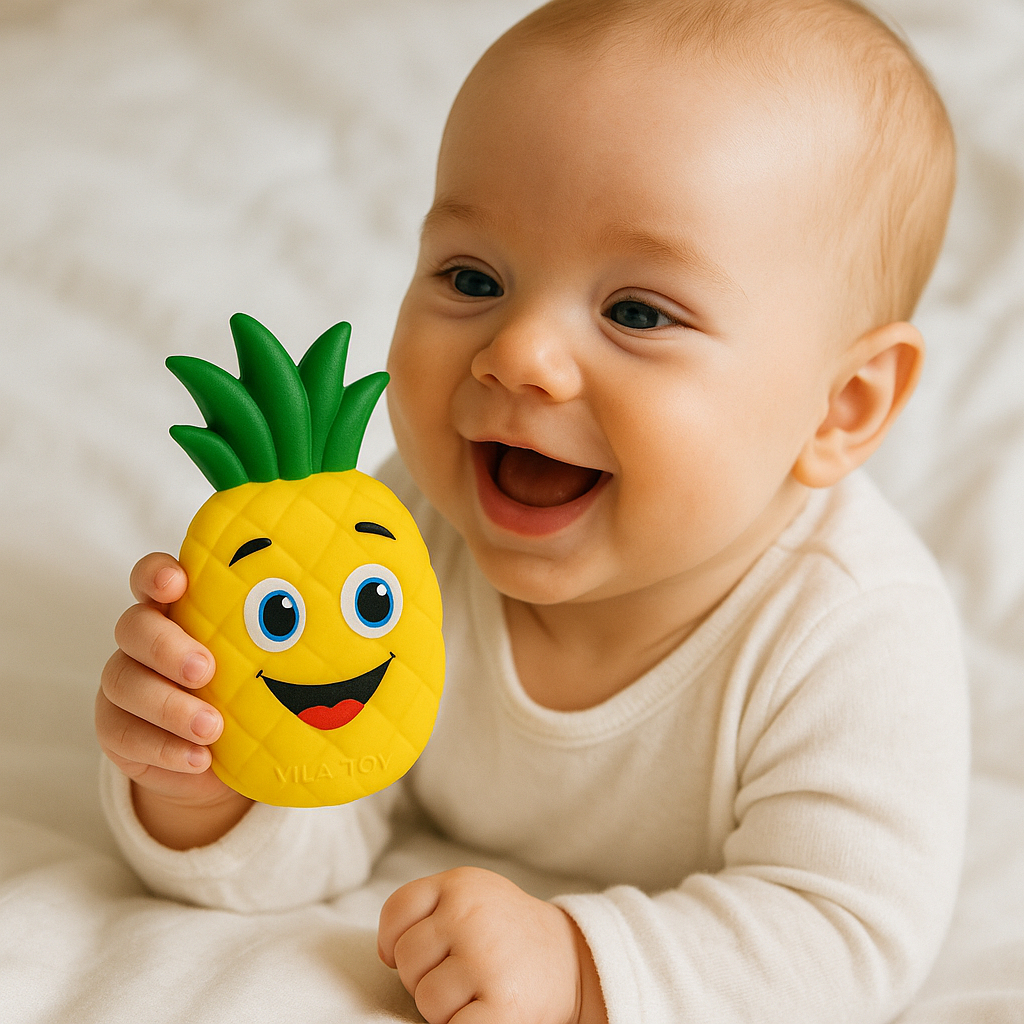 Kit Chocalho Mordedor Bebê Frutas e Vegetais Vila Toy – Alívio da Dentição | Barulho Suave | Macio e Atóxico