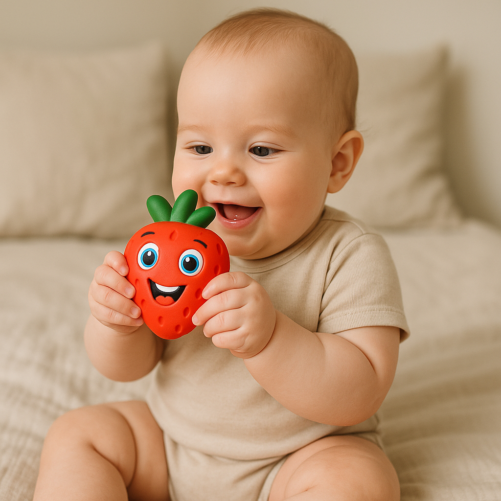 Kit Chocalho Mordedor Bebê Frutas e Vegetais Vila Toy – Alívio da Dentição | Barulho Suave | Macio e Atóxico