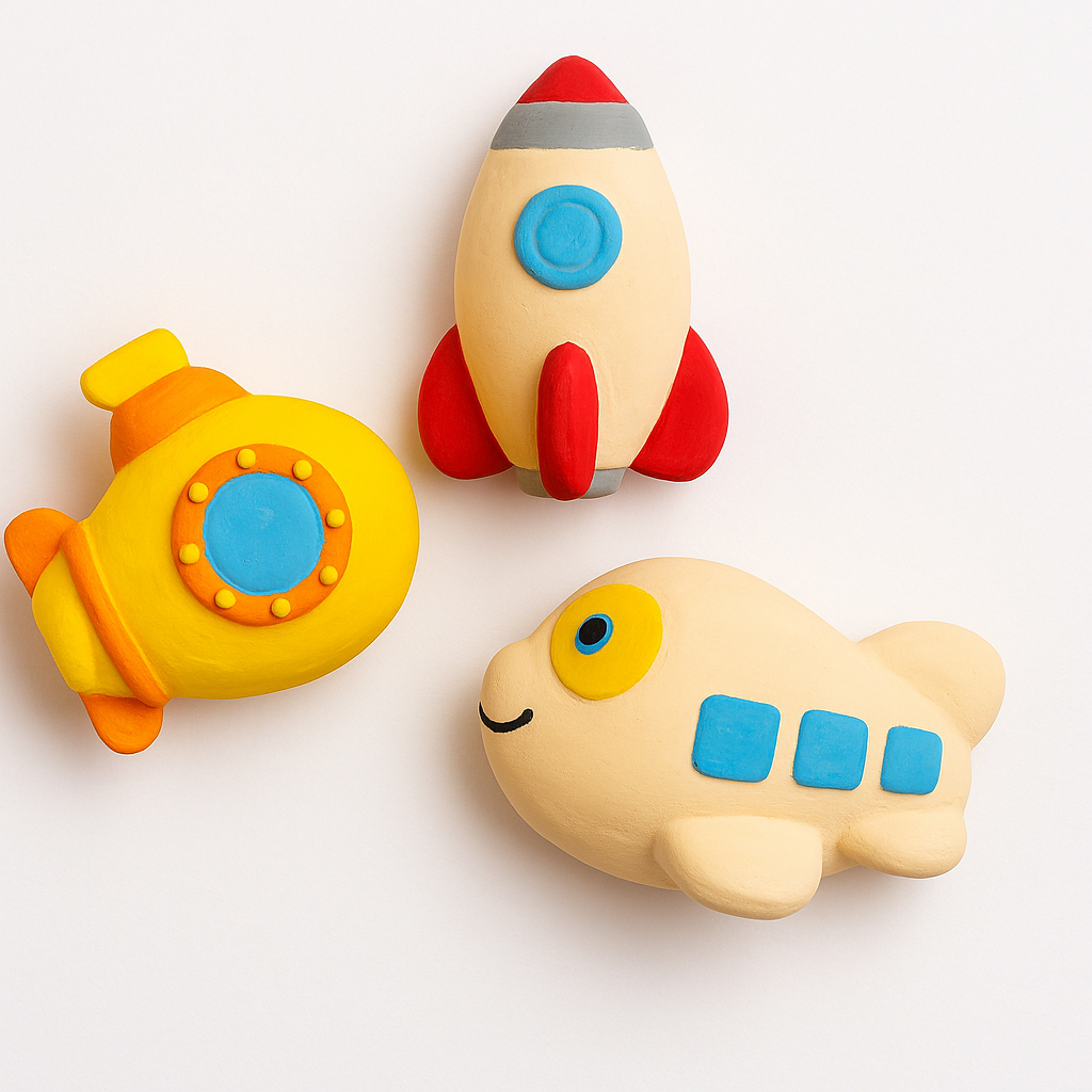 Mordedores Bebê Kit Foguete Avião Submarino – Látex Natural Pintado à Mão | Macio, Seguro e Aprovado INMETRO