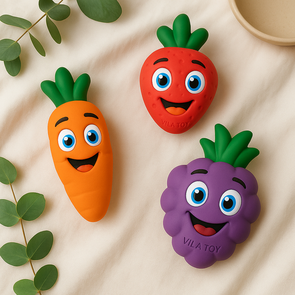Kit Chocalho Mordedor Bebê Frutas e Vegetais Vila Toy – Alívio da Dentição | Barulho Suave | Macio e Atóxico