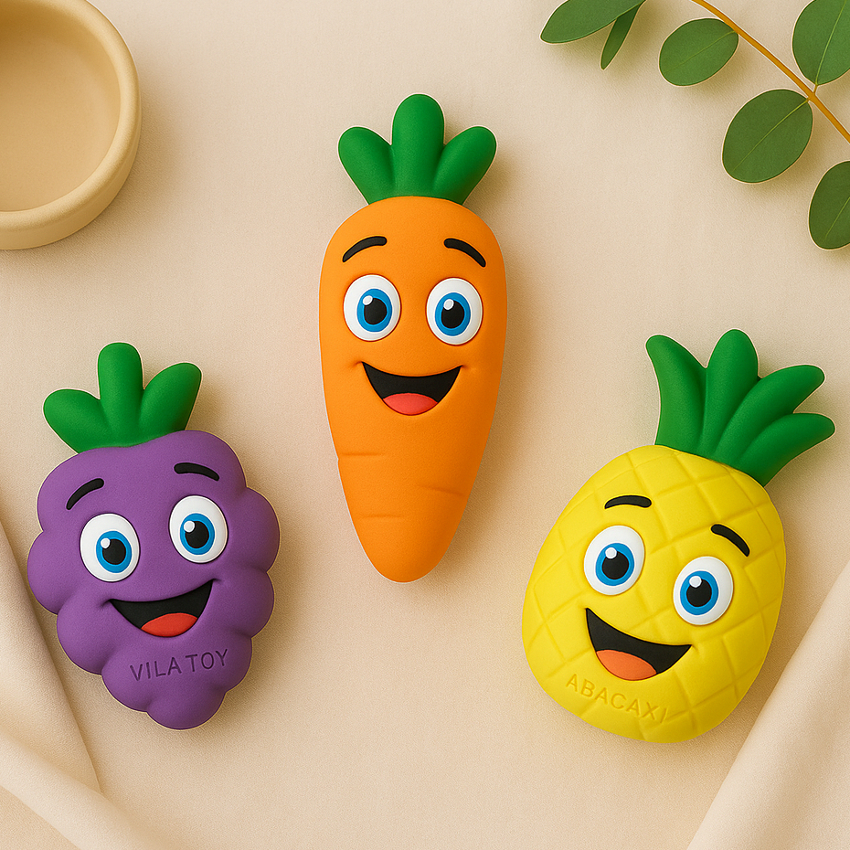 Kit Chocalho Mordedor Bebê Frutas e Vegetais Vila Toy – Alívio da Dentição | Barulho Suave | Macio e Atóxico