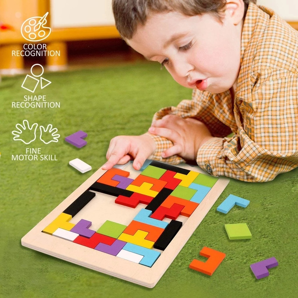 Tetris Quebra-Cabeça 3D Colorido Tangram De Madeira /jogos infantis educativos /Brinquedo Educativo