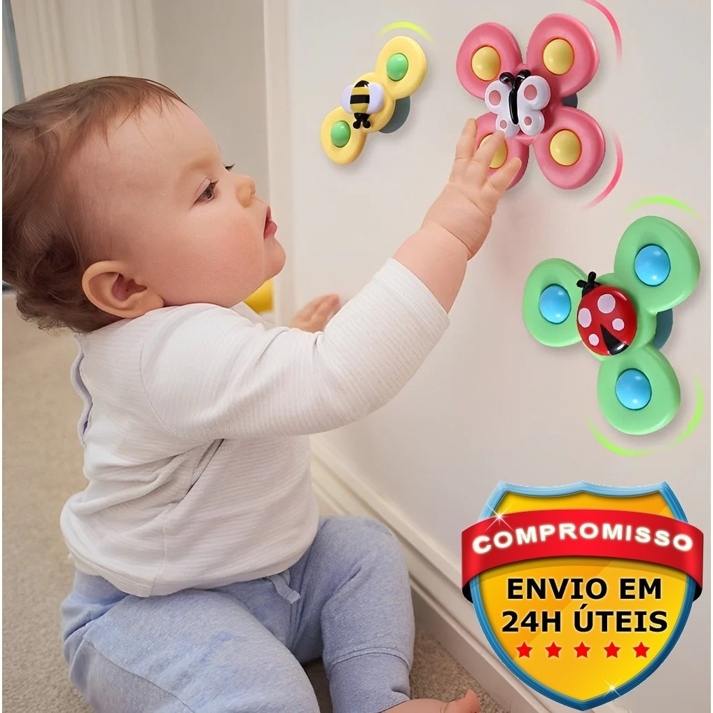 Kit 3 Brinquedo Infantil Chocalho Giratório Spinner Com Ventosa Brinquedos para bebê Banho